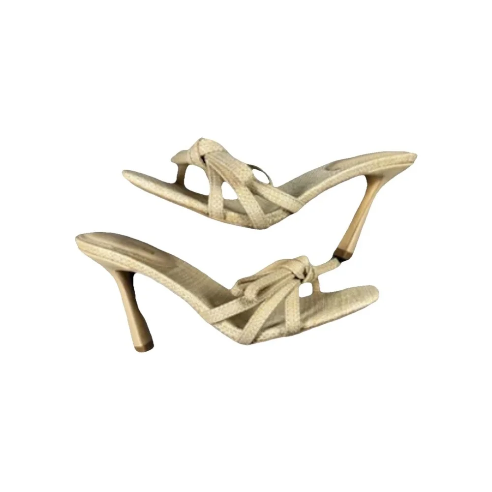 Fashion Nova Women's Raffia Bow Strap Heeled Sandals Size‎ 7.5 Beige Square toe